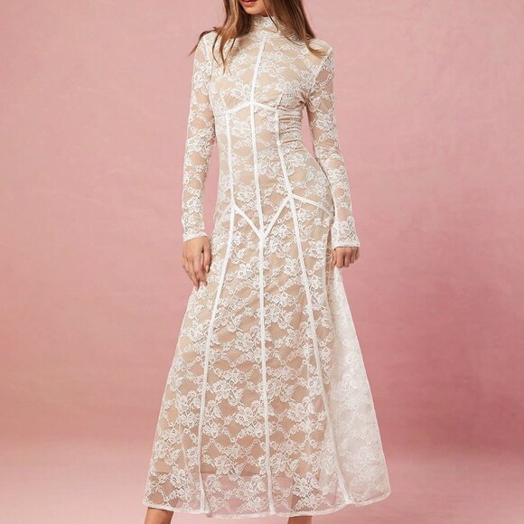 White Elegant Women's Sweet Floral Lace Sexy Dress - Picture 4 of 7